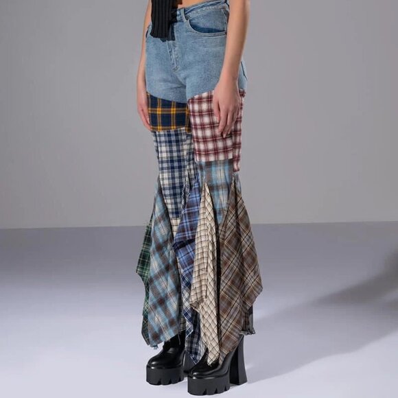 NWT! REHAB LAB Plaid Patchwork Mixed Media Flannel Flare Leg Denim Jeans Pants - Picture 9 of 15